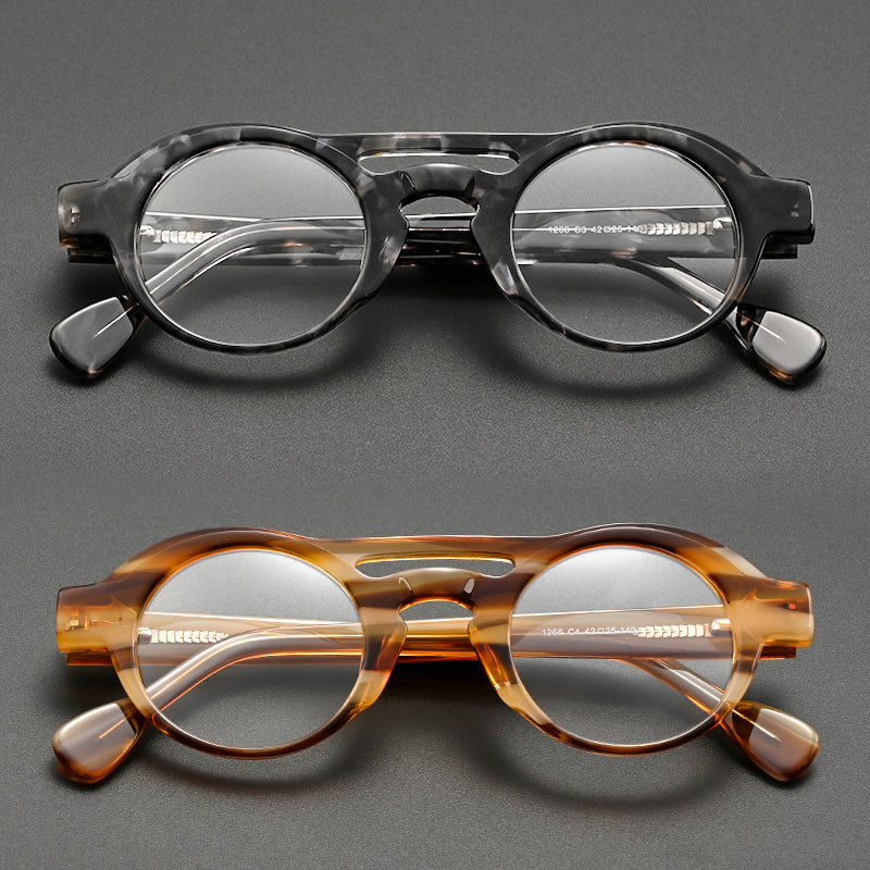 Heavy-Duty Double Bridge Round Glasses - Chunky Acetate Cut-out Aviator Prescription Eyeglasses 1266