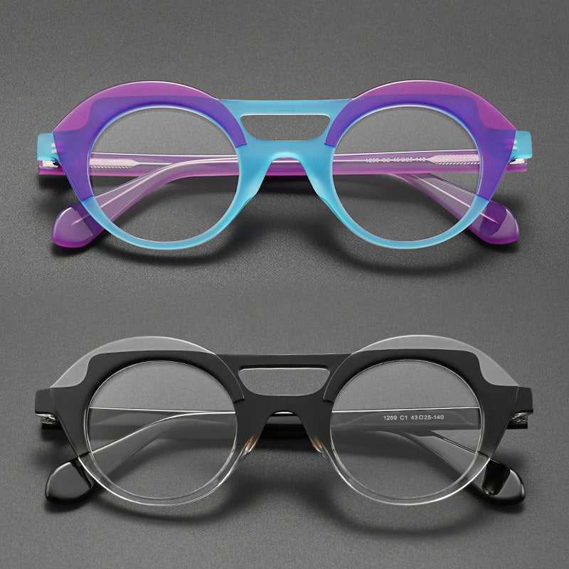 Pop Art Color-Blocking Deconstructed Double Bridge Round Glasses 1269
