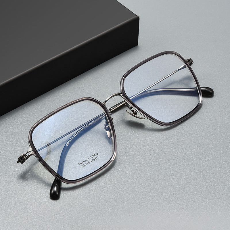 Industrial Style Titanium & TR90 Trapezoidal Full Rim Prescription Spectacles Eyeglasses Frames 2813U