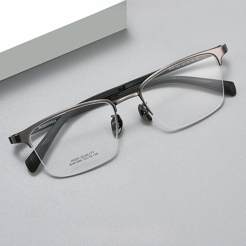 Browline Rectangle Titanium Metal Half Rim Prescription Spectacles Frames Unisex BV61009