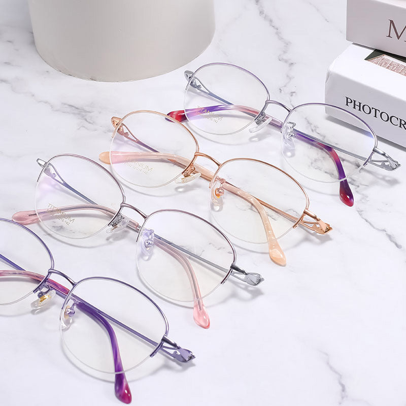 Oval Titanium Metal Half Rim Prescription Glasses Women's Spectacles Frames S7022T