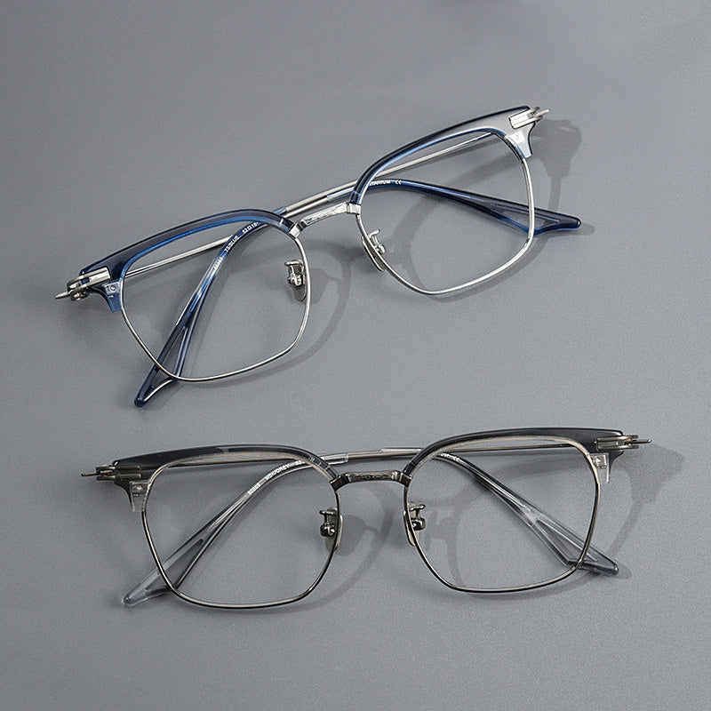 Retro Browline Rectangle Acetate Titanium Metal Full Rim Prescription Spectacles Unisex 80869T