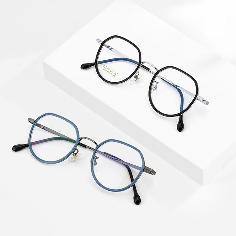 Crown Panto Acetate Titanium Metal Full Rim Prescription Glasses Unisex T6056