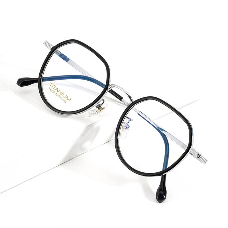 Crown Panto Acetate Titanium Metal Full Rim Prescription Glasses Unisex T6056