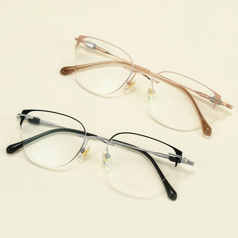 Mechanical Knurled Temple Cat-Eye Rimless Glasses 9062