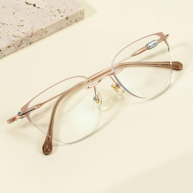 Mechanical Knurled Temple Cat-Eye Rimless Glasses 9062