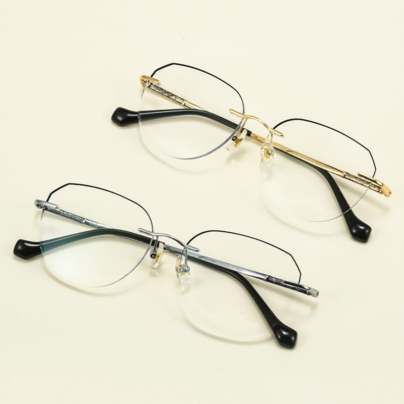Engraved Filigree Temple Crown Panto Rimless Glasses 9821WK