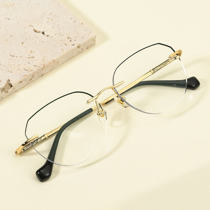 Engraved Filigree Temple Crown Panto Rimless Glasses 9821WK
