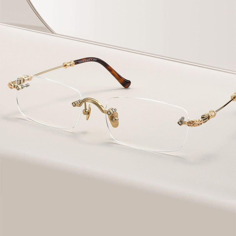Gothic Engraved Rectangular Rimless Optical Eyeglasses Frames BRBBR-P