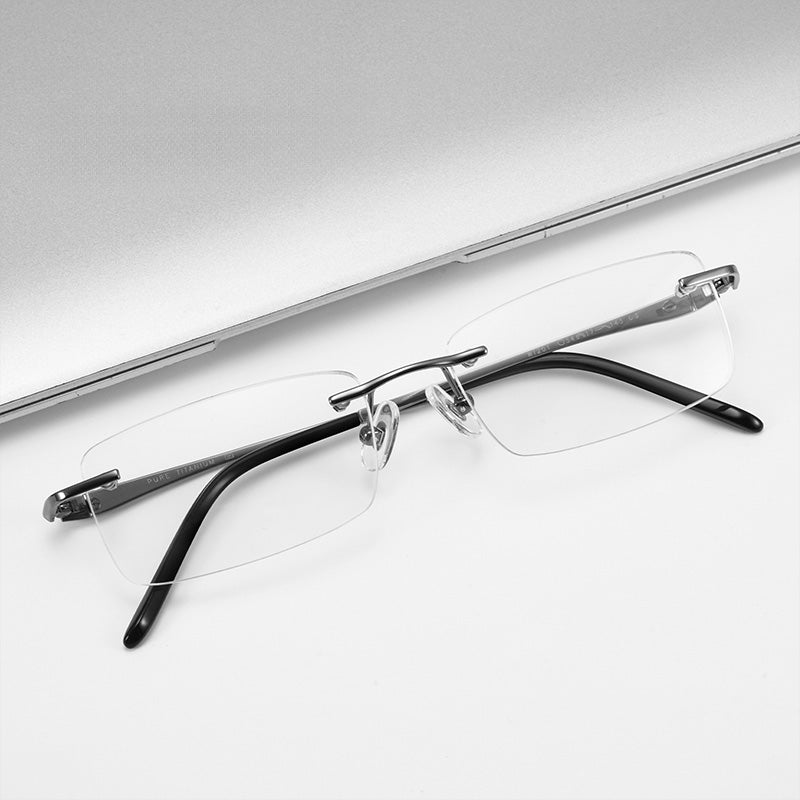 Men’s Pure Titanium Rimless Glasses - Tech Business Rectangular Optical Eyeglasses WT201